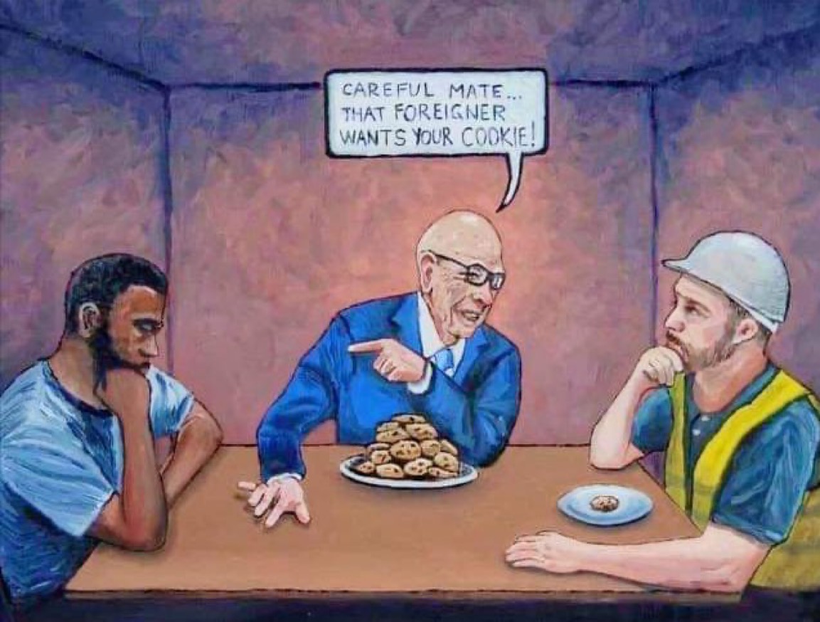 A rich dude with all the cookies tells the white dude with one cookie that the black dude with no cookie wants to steal his cookie